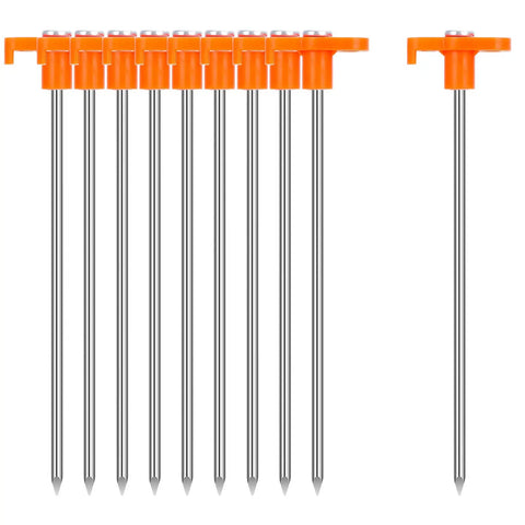 Heavy Duty 7 Inch Tent Stakes, 10 Pack Galvanized Steel Ground Anchors with bright orange heads for tents, canopies, and tarps.