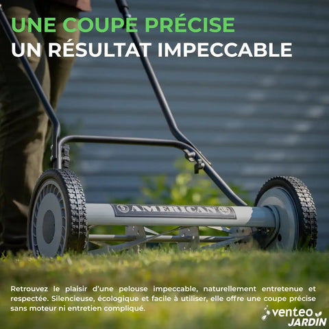 Person using 18-Inch Push Reel Lawn Mower With 5 Blades, Heat-Treated Alloy Steel Blades, Scissor-Cut Action, Durable Manual Grass Cutter