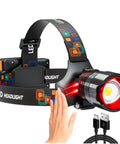 Beast Mode 90000 Lumen Rechargeable Headlamp with Zoomable Beam IPX54, touch controls, USB cable for charging visible.