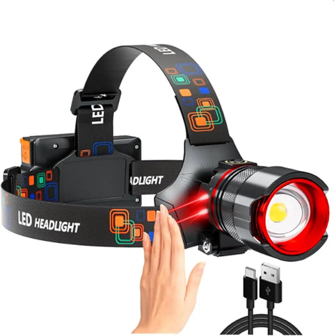 Beast Mode 90000 Lumen Rechargeable Headlamp with Zoomable Beam IPX54, touch controls, USB cable for charging visible.