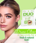 Model wearing lashes with Brush On Clear Lash Glue Waterproof Strip Lash Adhesive With Vitamins A C And E beside product box.