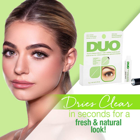 Model wearing lashes with Brush On Clear Lash Glue Waterproof Strip Lash Adhesive With Vitamins A C And E beside product box.