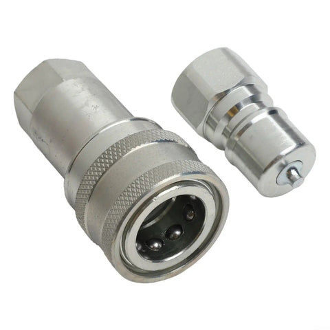 Hydraulic Coupler Set G 3 8 Female Pipe Fitting Carbon Steel High Pressure Sealing Auto Close Prevents Leaks Rustproof Thickened Steel For Harsh Environments Heavy Duty Performance Guaranteed For Pros Need Reliable Gear Every Single Day Without Fail, close-up of two couplers