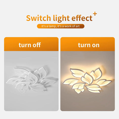 Dope Modern LED Ceiling Light Dimmable Flower Shape Flush Mount 9 Head Acrylic Petals Chandelier Lighting showing on-off effect