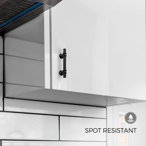 Black Cabinet Pulls 25 Pack, 3 Inch Hole Center, shown on white kitchen cabinet; rust and stain resistant design.