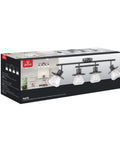 Packaging of the 4 Light Track Lighting Kit in Dark Bronze with Clear Glass Bell Shades, suitable for kitchen and dining room.