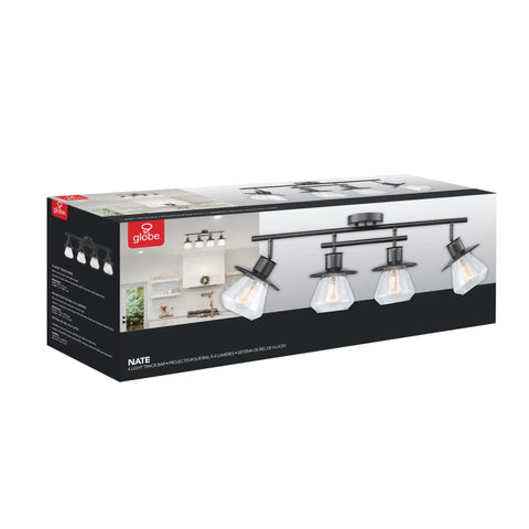Packaging of the 4 Light Track Lighting Kit in Dark Bronze with Clear Glass Bell Shades, suitable for kitchen and dining room.