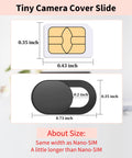 Tiny Camera Cover Slide dimensions comparison with Nano-SIM, showing 0.35 inch by 0.73 inch matte black webcam slider.