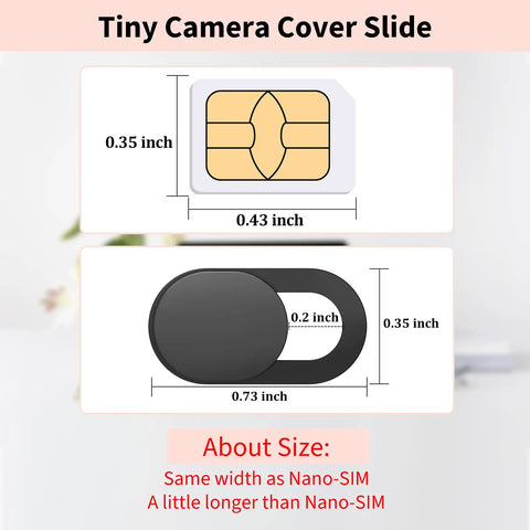 Tiny Camera Cover Slide dimensions comparison with Nano-SIM, showing 0.35 inch by 0.73 inch matte black webcam slider.