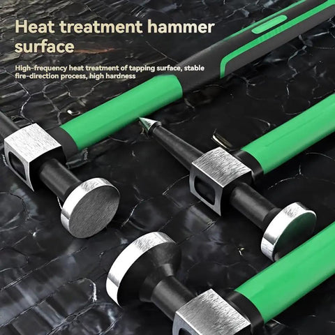 Close-up of Three Piece Auto Body Hammer Set For Dent Repair And Sheet Metal Shaping Including Flat Face Pointed Pick And Square Face Hammers