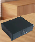 19 Inch Rack Mount Server Drawer With Smooth Silent Glide Tracks And Secure Front Latch on wooden desk for network hardware storage.