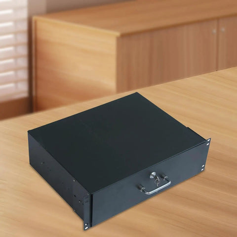 19 Inch Rack Mount Server Drawer With Smooth Silent Glide Tracks And Secure Front Latch on wooden desk for network hardware storage.