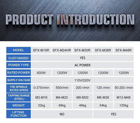 Heavy Duty Electric Tapping Machine With A Beefy 600W Servo Motor And Slick Flexible Arm specifications chart