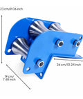 Beefed Up Workhorse Cable Pulley Guide Wheel Assembly For Tough Industrial Routing, three-wheel roller with blue steel frame, 23x26x19 cm