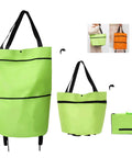 2 In 1 Foldable Shopping Cart With Wheels And Waterproof Tote showing compact green design with black handles and foldable feature
