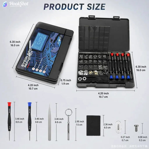 Trusted 37 Piece Glasses Repair Kit For Specs And Shades Featuring Precision Screwdrivers Micro Screws Silicone Nose Pads Tweezers Compact Fixing Tools Ready For Everyday Carry Road Trips Or Quick Fixes On The Fly size dimensions of components laid out on a surface