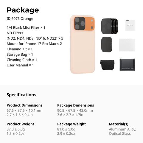 Magnetic Lens Filter Kit For iPhone 17 Pro Max With Base Mount Black Mist Diffusion Quarter Filter And ND2 ND4 ND8 ND16 ND32 Filters 6 Pack Orange Square Design Magnetic Quick Swap For Mobile Filmmaking And Social Content packaging with included items and specifications.