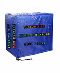 Water-resistant blue dust cover with text "Made To Measure Heavy Duty Dust Cover For Tools Machines Electronics And Furniture Commercial Grade With Custom Logo Text Tough As Nails Protection For Workshop Garage And Studio"