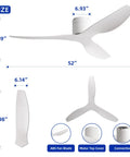 Dimensions and details of 52 Inch White Ceiling Fan No Light Low Profile Flush Mount With Remote 6 Speed Quiet DC Motor Reversible Powerful Airflow