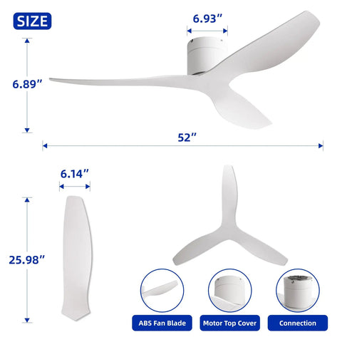 Dimensions and details of 52 Inch White Ceiling Fan No Light Low Profile Flush Mount With Remote 6 Speed Quiet DC Motor Reversible Powerful Airflow