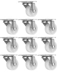 Rcniso 10 Pack White PP Universal Casters Wheels showing smooth rolling design, suitable for furniture like cabinets and bookshelves.