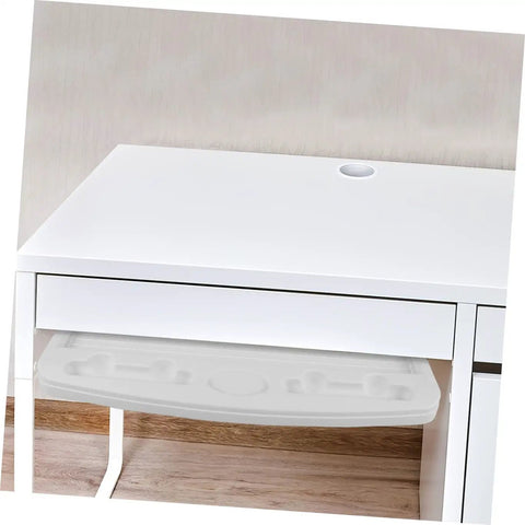 Heavy Duty Sliding Keyboard Tray Smooth Glide Under Desk Mount shown under a white desk for organized home office use.
