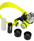 Beastly Bright 1800 Lumen Diving Headlamp with aluminum head, yellow band, and parts for underwater night dives.