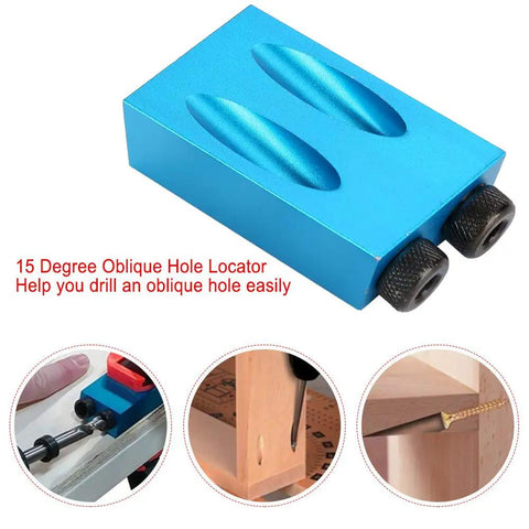 15 Degree Oblique Hole Locator from Pocket Hole Jig Kit For Woodworking featuring aluminum alloy body and precise drilling examples
