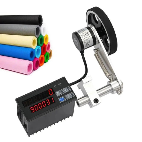 Straight Up Precise Digital Length Counter Measuring Wheel With Dual Relay Outputs And Power Off Memory Snaps Onto Cables Or Fishing Line 0 To 999999 Range Dead Easy Setup with colorful rolls of material.