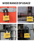 Four images of Tough As Nails Heavy Duty Covered Laminated Steel Padlocks 4 Pack Keyed Alike Weatherproof Locks in use on various gates and storage.
