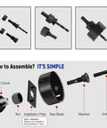 Front view of 11-piece hole saw kit with mandrels, drill bits and storage box; black metal components.
