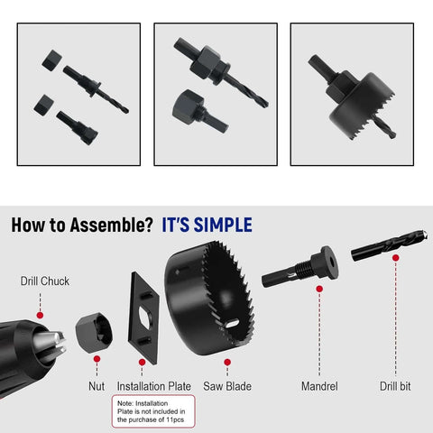 Front view of 11-piece hole saw kit with mandrels, drill bits and storage box; black metal components.