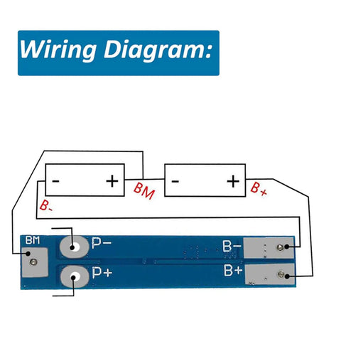 Wiring diagram for Heavy Duty 2S BMS 8.4V 8A Lithium Battery Protection Board for 18650 Cells, illustrating connections.