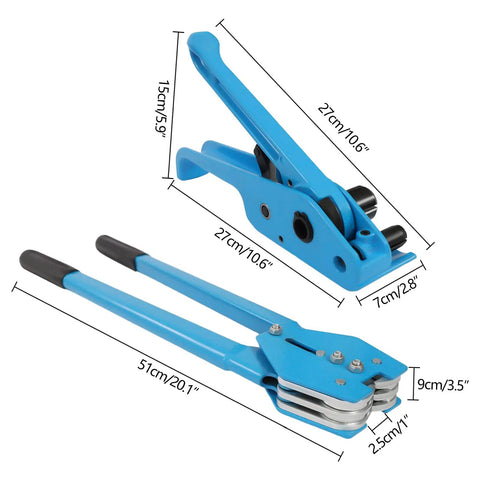 Banding Strapping Kit with Tensioner and Sealer, Steel Cast Aluminum Tool, blue tensioner and sealer dimensions shown