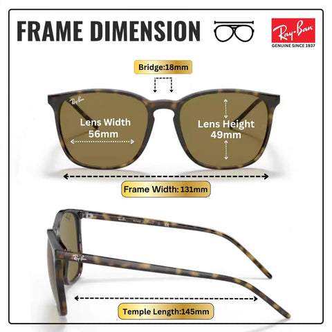 RB4387 Square Shape Non-Polarized Sunglasses For Men And Women With Eyewear Kit frame dimensions and sizes.