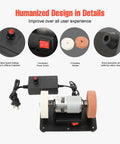 Mini Bench Grinder 96W, 7 Speed Adjustable Electric Tool With 3000 To 6000 Rpm Range Forward Reverse Switch showing speed control and grinding wheels.