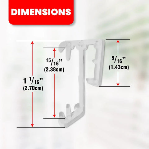 Upgrade Your Window Treatments With These Slick One Inch Mini Blind Valance Clips Clear UV Stable dimensions diagram for clear clips.