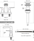 Technical diagram of Two Handle 4 Inch Centerset Vanity Sink Faucet Matte Black With Overflow Pop Up Drain And cUPC Water Supply Lines Included.
