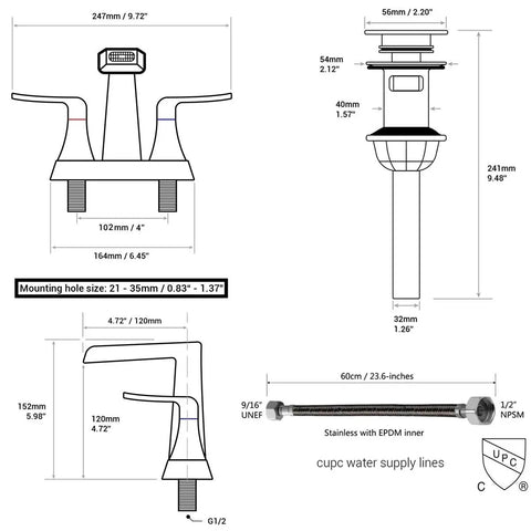 Technical diagram of Two Handle 4 Inch Centerset Vanity Sink Faucet Matte Black With Overflow Pop Up Drain And cUPC Water Supply Lines Included.