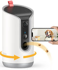 Indoor Pet Camera With Treat Dispenser And Remote Toss 360 Degree View 5G And 2 4G WiFi shown with treat toss and app control