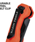 Orange Klein Tools 44307 FLICKBLADE folding utility knife with black pocket clip