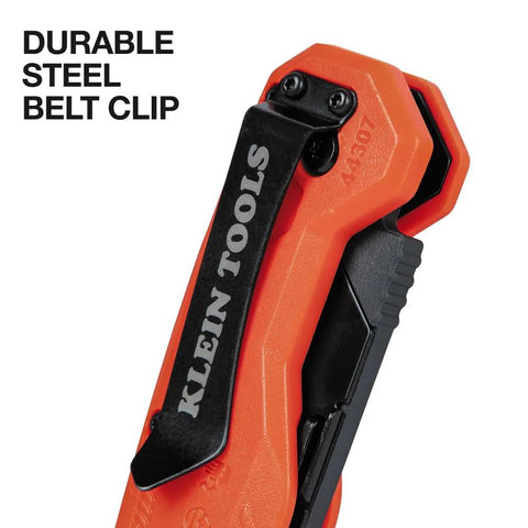 Orange Klein Tools 44307 FLICKBLADE folding utility knife with black pocket clip