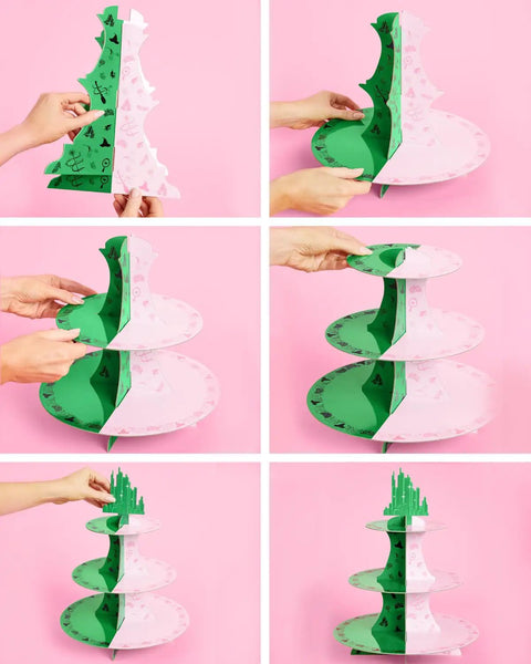 Assembly of Pink And Green Witch Cupcake Tower 3 Tier Party Ready Birthday Dessert Display Stand For Girls Party Decor Kids Wizard