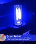 Two Pack USB Car Lights, Touch Dimmable Retro Glass Bottle LED Night Lights on car dashboard, glowing blue