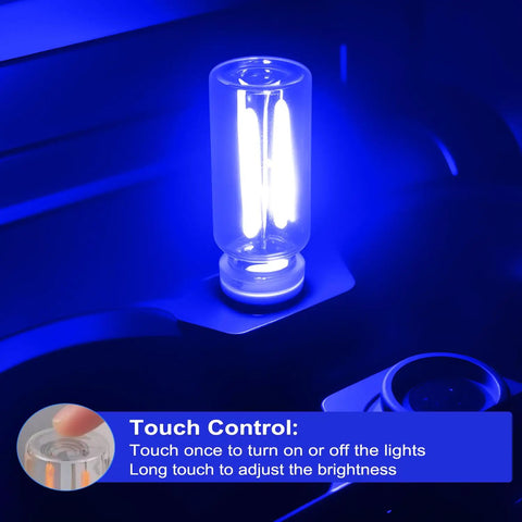 Two Pack USB Car Lights, Touch Dimmable Retro Glass Bottle LED Night Lights on car dashboard, glowing blue