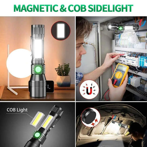 3 In 1 Rechargeable UV Flashlight with Magnetic LED shown in various uses, including electrical work and car repair, high lumen tactical flashlight.