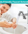 Adjustable Sink Faucet Extender With Swivel Aerator And Filter shown in use, silver finish, attached to bathroom tap.
