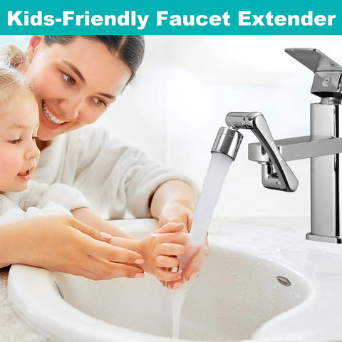 Adjustable Sink Faucet Extender With Swivel Aerator And Filter shown in use, silver finish, attached to bathroom tap.