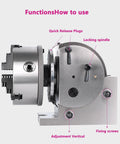 Rock Solid 8 Inch Adjustable 0 To 90 Degree Rotary Indexing Head With 3 Jaw Chuck And Tailstock Kit features quick release plugs and locking spindle.