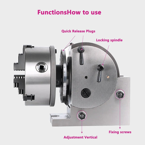 Rock Solid 8 Inch Adjustable 0 To 90 Degree Rotary Indexing Head With 3 Jaw Chuck And Tailstock Kit features quick release plugs and locking spindle.